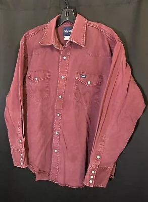 Vintage Wrangler Twill Pearl Snap Solid Maroon Western Brushpopper Shirt Mens XL • $29.99