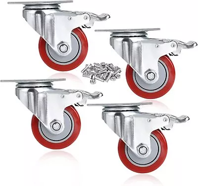 $28.99 • Buy 4 Pack Heavy Duty 3 Inch Caster Polyurethane Wheels With Brake Swivel Top Plate…