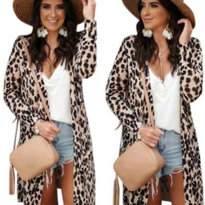 $27.59 • Buy Women Long Sleeve Leopard Print Coat Open Front Cardigan Long Jacket Outwear Top