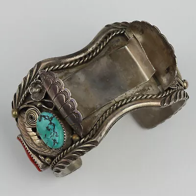 Vintage Navajo Sterling Silver/Coral/Turquoise Mens Watch Cuff Bracelet • $324.99