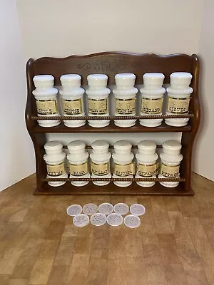 $42.50 • Buy Vintage Set Of 12 White Milk Glass Spice Rack & Jars With Labels & Lids READ!