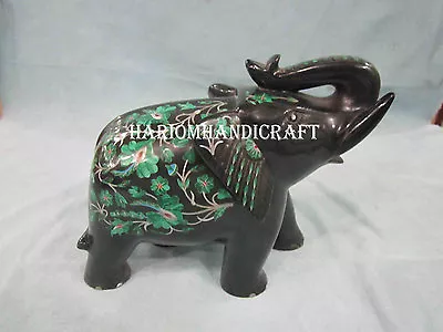 6  Black Marble Elephant Statue Malachite Inlay Marquetry Floral Art Gifts H2526 • $356.74