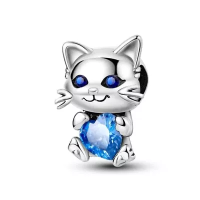 Sparkling Blue Cubic Zirconia Cute Cat Pet Charm S925 Sterling Silver • £8.99