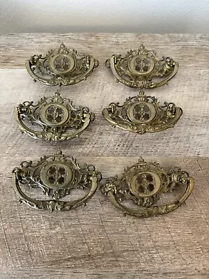 Victorian Ornate Drop Bail Cast Brass Drawer Pulls 3” Centers Set Of 6  • $48