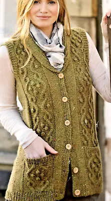 KNITTING PATTERN WOMENS ARAN LONG LINE WAISTCOAT ( 2 Designs )  32 - 54  104A • £2.15