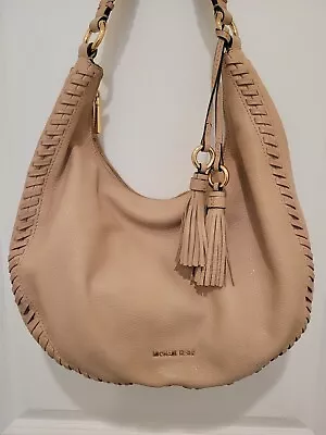 Michael Kors Buttery Beige Pebbled Leather  Hobo Bag  Laced  Trim  W/2 Tassels   • $59.50