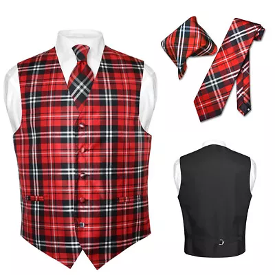 Men's Plaid Design Dress Vest NeckTie Black RED White Neck Tie Hankie Suit Tux • $24.95