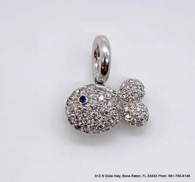 Aaron Basha 18k White Gold Real Round Cut Diamond Fish Blue Sapphire Eye Pendant • $1499.99