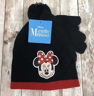 New Girls Child Size Black & Red Disney Minnie Mouse Beanie Hat And Gloves Set • $11.99