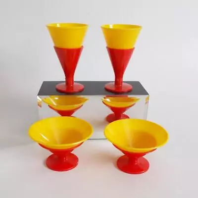 Mid Century Modern Toy Stacking Dish Set Yellow Red Banner USA Dessert Cups • $29.98