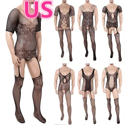 US Men Bodysuit See Through Fishnet Full Body Stocking One Piece Tight Nightwear • $5.74