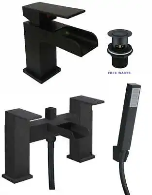 £99.99 • Buy Bathroom Modern Waterfall Matt Black Basin Tap &Bath Shower Mixer Tap Chrome Set