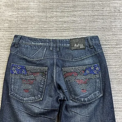 Anti Denim Jeans Mens 32x33 Blue Denim Pants Y2K Rhinestones Studded Baggy Jewel • $35