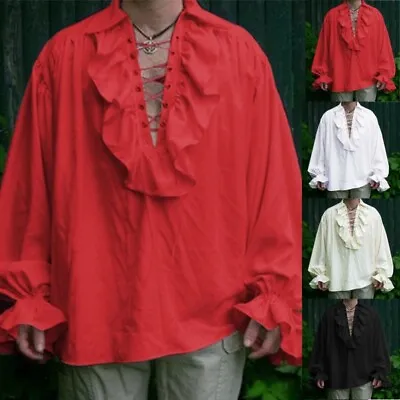 2024 HOT Retro Men Gothic Top Victorian Medieval Ruffle Pirate Puff Sleeve Shirt • £13.39