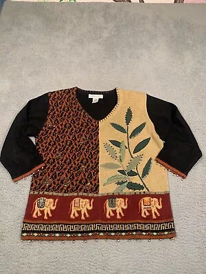 Vintage Arriviste Sweater Elephant Animal Print Sequins Knit V Neck Medium M • $24.75