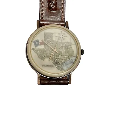 Vintage Fossil Texas State Map Watch Copper Brown Leather Band Unisex Untested • $125