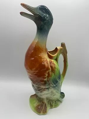Antique French Majolica Mallard Duck Tall Pitcher Saint Clement Early 1900 • $220