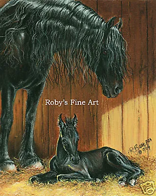 Friesian Horse Art Print Mare And Foal  Standing By  8 X10  Image By Roby Baer • $21.95