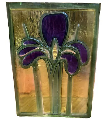 1985 Vintage Romanian Ftd Florist Vase Stunning Fused Glass With Purple Iris • $16