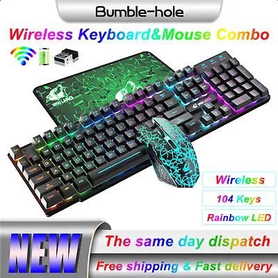 $25.99 • Buy 104 Keys 2.4Ghz Wireless Gaming Keyboard And Mouse Set Rainbow LED Backlit Black