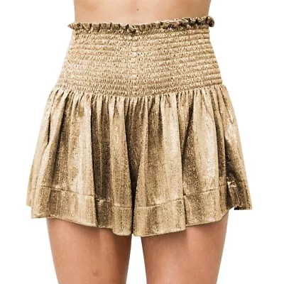 Womens Summer Sparkly Metallic Smocked Elastic Waist Ruffle Hem Wide Leg Shorts • £13.58