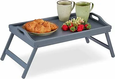 Grey Bamboo Wooden Breakfast Serving Lap Tray Bed Table With Folding Legs • £14.90