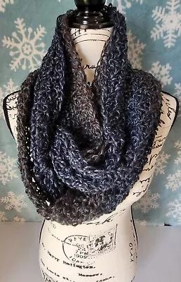 Handmade Crochet Infinity Scarf Double Wrap Cowl Navy Blue & Brown • £33.75