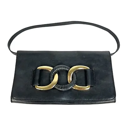 Michael Kors Black Gold Oversized Id Chain Pebbled Leather Clutch Shoulder Bags • $37.99