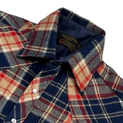 VTG Sportsman Shirt Men’s Western Flannel Pearl Snap Shirt Navy Plaid • Small • $27.99