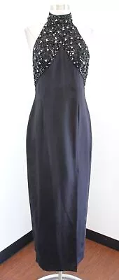 Vtg Adrianna Papell Black Silk Halter Sequin Beaded Cocktail Evening Dress Sz 6 • $49.99