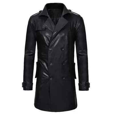 Men PU Leather Coat Long Trench Jacket Outwear Formal Office Work Casual Peacoat • $71.24