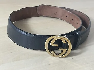 GUCCI Leather Black Belt GG Logo Embossed Silver Buckle ITALY • $138