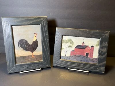 $25 • Buy (2) Small Warren Kimble Prints Rooster & Red Barn Framed Folk Art Americana