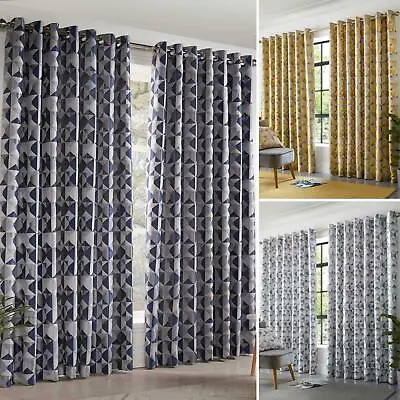 Skandi Eyelet Curtains Geometric Jacquard Woven Lined Ring Top Curtain Pairs • £110