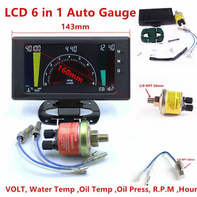 5 LCD Digital 6in1 Car Dash Gauge Tachometer/Volt/Hour/Water Temp/Oil Temp Meter • $57.23