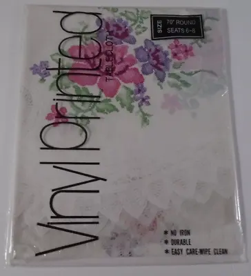 NIP Vintage Vinyl Tablecloth Cross Stitch Lace Design Floral Round Taiwan 70 In • $8.06