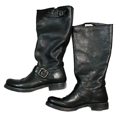 Frye VERONICA SLOUCH Buckle Harness Black Leather Moto Riding Boots Size 7.5 B • $69.99