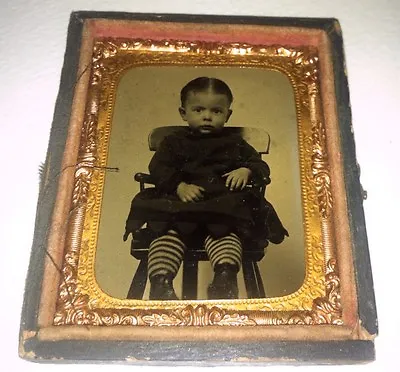 Tintype Of Boy In Dress With Crazy Striped Socks  Adams Family!  • £48.18