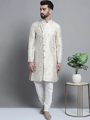 Designer White Golden Sherwani Kurta Pyjama Set For Men • £71.62