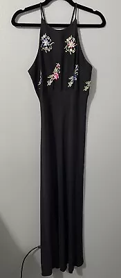 90s Women 11/12 Embroidered Floral Maxi Dress  Black Moody Floral Y2K Prom Goth • $35