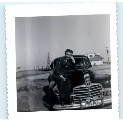 Vintage Photo 1950s Military Officer In Uniform Proudly Posed On Car 3 X 3 B&W • $8.01