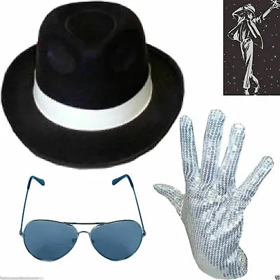 New Deluxe Michael Jackson Hat & Sequin Glove Fancy Dress Gangster Costume Set • £11.99