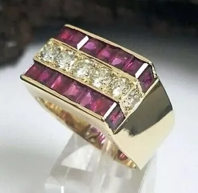 4Ct Princess Lab Created Diamond & Ruby Mens Wedding Ring 14K Yellow Gold Plated • $104.99