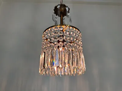 Antique Vintage French Brass & Crystals Chandelier Ceiling Lamp Light 1960s • $195