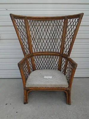 Tall Bamboo Trellis Peacock Fan Lounge Chair Rattan Hollywood Regency Clam Boho • $395