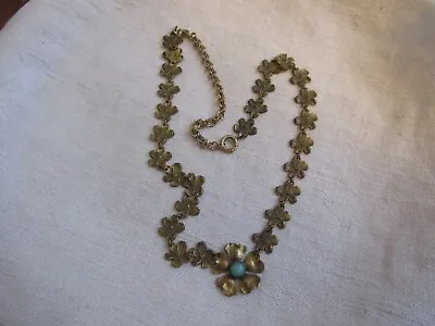 VTG Brass Flower Necklace Green Glass Stone Embossed Detail FE24-34 • $15