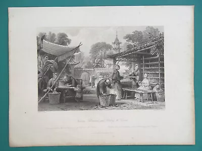 CHINA Silk Production Feeding Silkworms Sorting Cocoons - 1841 Print T. Allom • $35