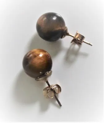 Stud Earrings - Vintage Round Tiger Eye Beads And Golden Stainless Posts & Backs • $12.99