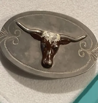Vintage Nickel Plated LONGHORN Steer Rodeo Engraved Belt Buckle Enamel Steerhead • $15