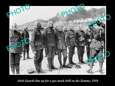OLD POSTCARD SIZE PHOTO OF BRITISH ARMY IRISH GUARD WITH GAS MASKS C1916 • $7.50